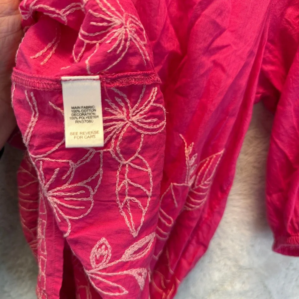 Hot Pink Embroidered Peasant Top Monstera Floral Tassel Puff Sleeve Blouse M - Picture 8 of 10